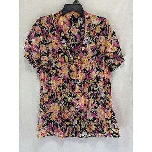 New Directions Woman 2X Floral Tie Neck Ruffle Sleeve Blouse Pink Yellow Black